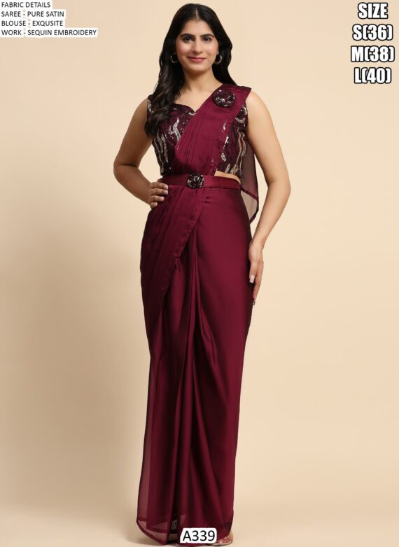 One Mint Pure Satin Exquisite Sequins Embroidery Work Blouse With Ready-To-Wear Saree