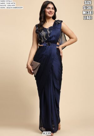 One Mint Pure Satin Exquisite Sequins Embroidery Work Blouse With Ready-To-Wear Saree