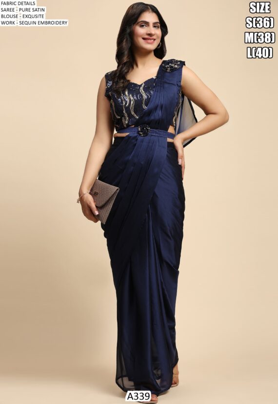 One Mint Pure Satin Exquisite Sequins Embroidery Work Blouse With Ready-To-Wear Saree