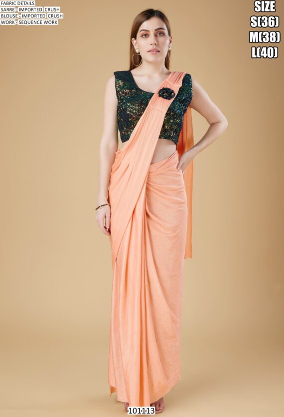 Cocktail Party Style Imported Crush Solid Ready To Wear Saree With Sequins Work Blouse