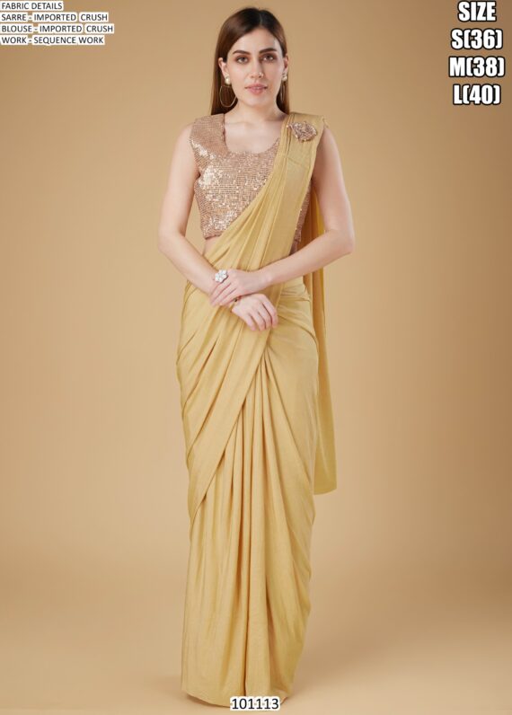 Cocktail Party Style Imported Crush Solid Ready To Wear Saree With Sequins Work Blouse