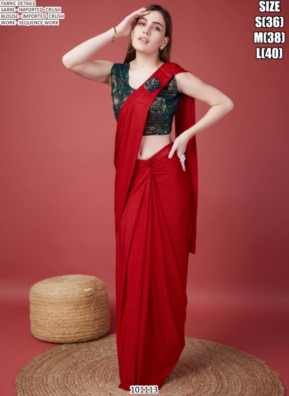 Cocktail Party Style Imported Crush Solid Ready To Wear Saree With Sequins Work Blouse