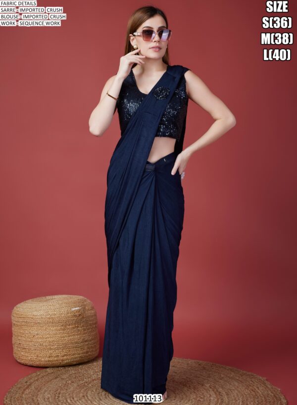 Cocktail Party Style Imported Crush Solid Ready To Wear Saree With Sequins Work Blouse