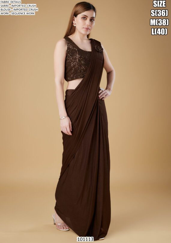 Cocktail Party Style Imported Crush Solid Ready To Wear Saree With Sequins Work Blouse