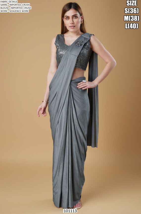 Cocktail Party Style Imported Crush Solid Ready To Wear Saree With Sequins Work Blouse