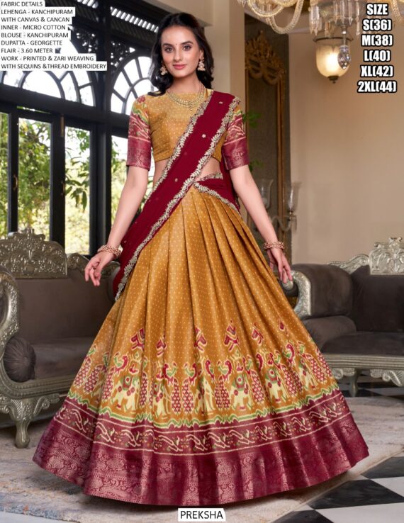 Royal Kanchipuram Silk Printed And Zari Weaving Festival Lehenga Choli