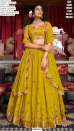 We Brings You Wedding Wear Traditional Lime Yellow Georgette Lehenga Choli Set