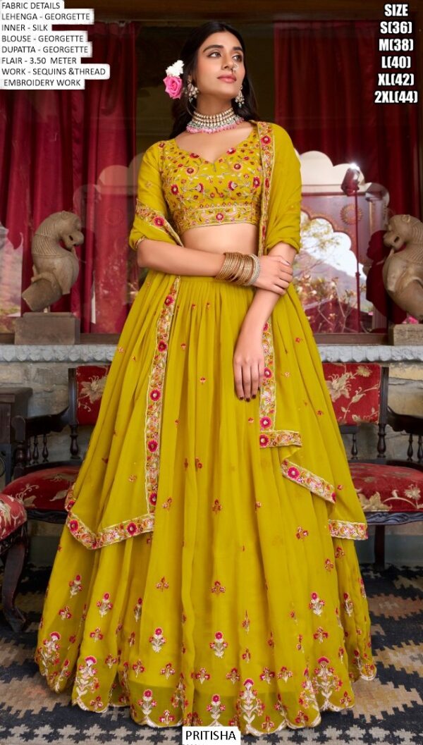 We Brings You Wedding Wear Traditional Lime Yellow Georgette Lehenga Choli Set