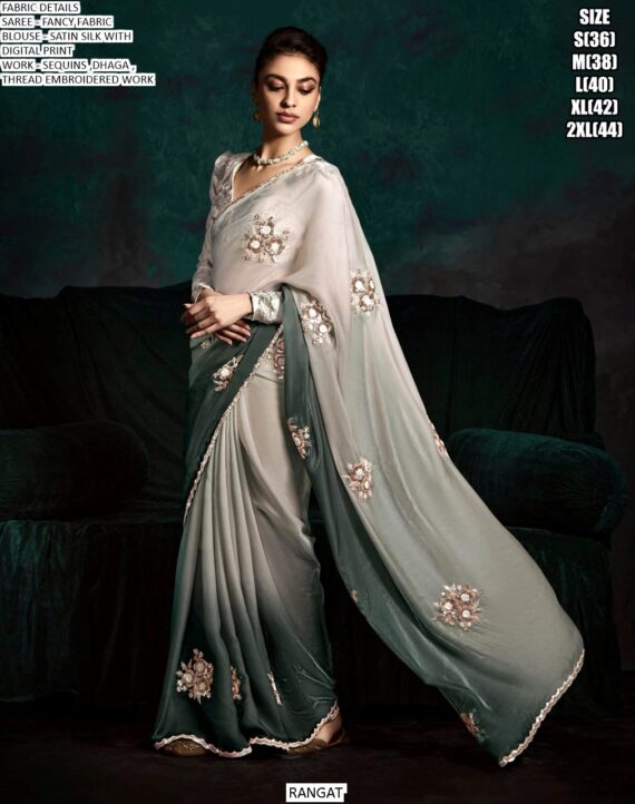 Contemporary Fancy Fabric Party Wear Ombre Shaded Flower Patch Work Saree Collection