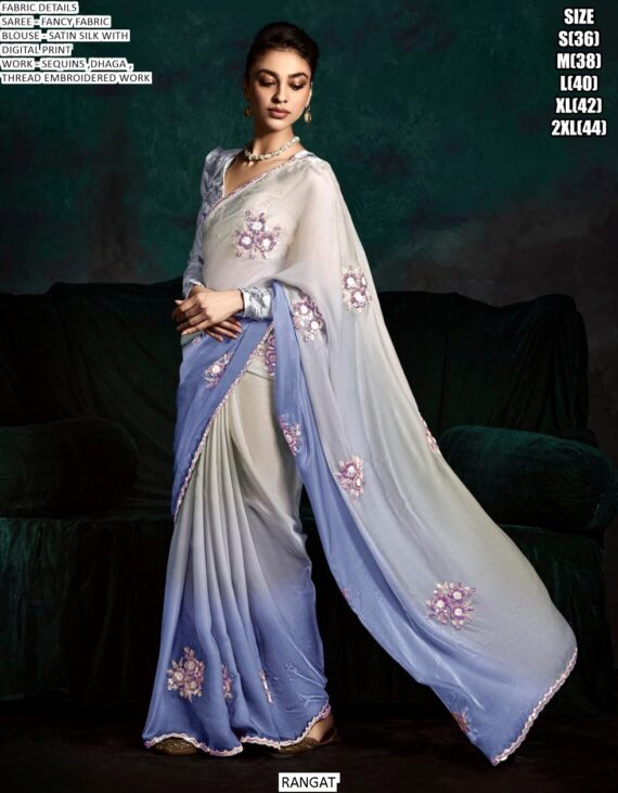Contemporary Fancy Fabric Party Wear Ombre Shaded Flower Patch Work Saree Collection