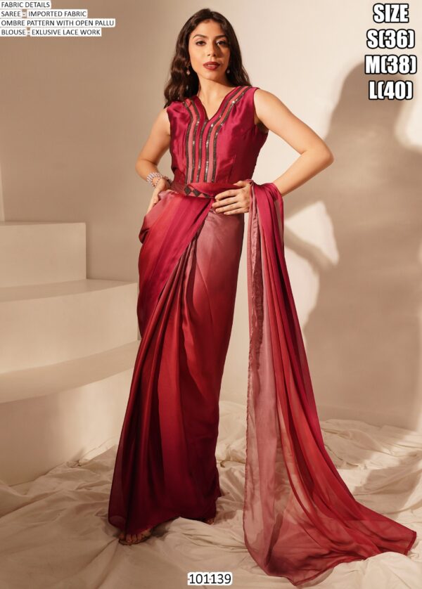 Ombre Pattern Ready Pleated Party Style Ready To Wear Saree With Blouse