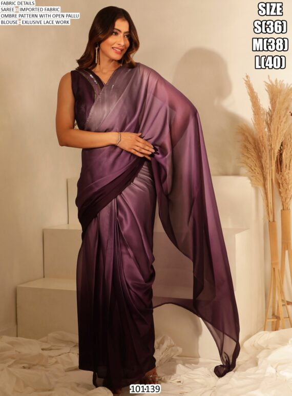 Ombre Pattern Ready Pleated Party Style Ready To Wear Saree With Blouse