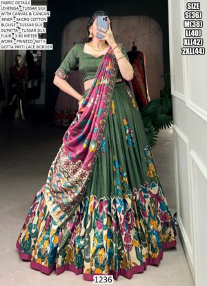Elegant Kalamkari Tussar Silk Lehenga Set With Foil Work And Gotta Patti Dupatta