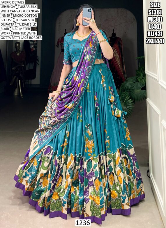 Elegant Kalamkari Tussar Silk Lehenga Set With Foil Work And Gotta Patti Dupatta