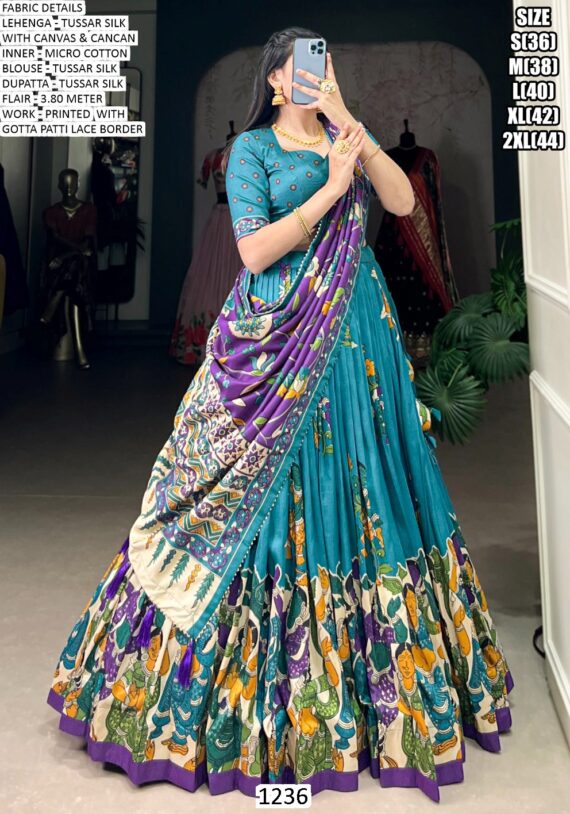 Elegant Kalamkari Tussar Silk Lehenga Set With Foil Work And Gotta Patti Dupatta