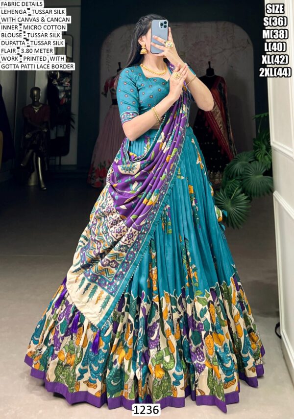 Elegant Kalamkari Tussar Silk Lehenga Set With Foil Work And Gotta Patti Dupatta