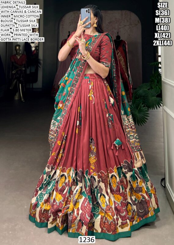 Elegant Kalamkari Tussar Silk Lehenga Set With Foil Work And Gotta Patti Dupatta