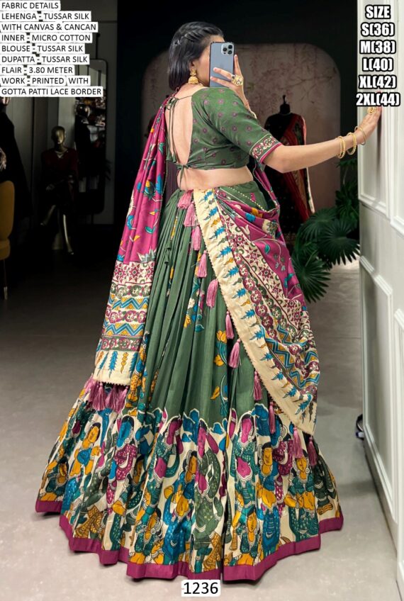 Elegant Kalamkari Tussar Silk Lehenga Set With Foil Work And Gotta Patti Dupatta