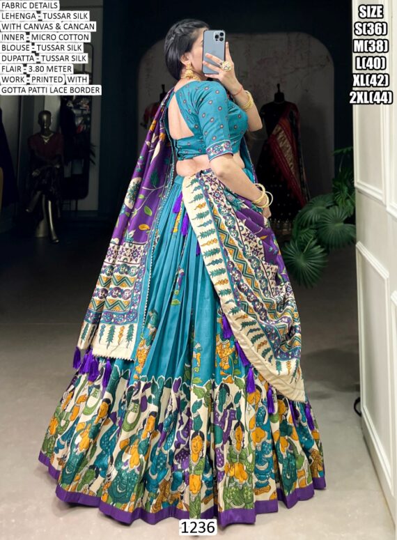 Elegant Kalamkari Tussar Silk Lehenga Set With Foil Work And Gotta Patti Dupatta