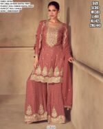 Awesome Embroidery Sequins Work Chinon Festive Wear Palazzo Suit With Dupatta