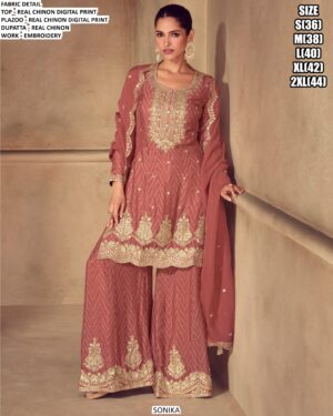 Awesome Embroidery Sequins Work Chinon Festive Wear Palazzo Suit With Dupatta