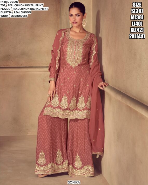 Awesome Embroidery Sequins Work Chinon Festive Wear Palazzo Suit With Dupatta
