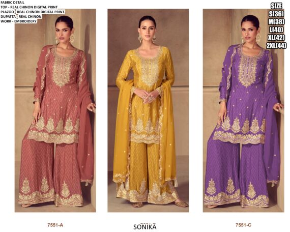 Awesome Embroidery Sequins Work Chinon Festive Wear Palazzo Suit With Dupatta