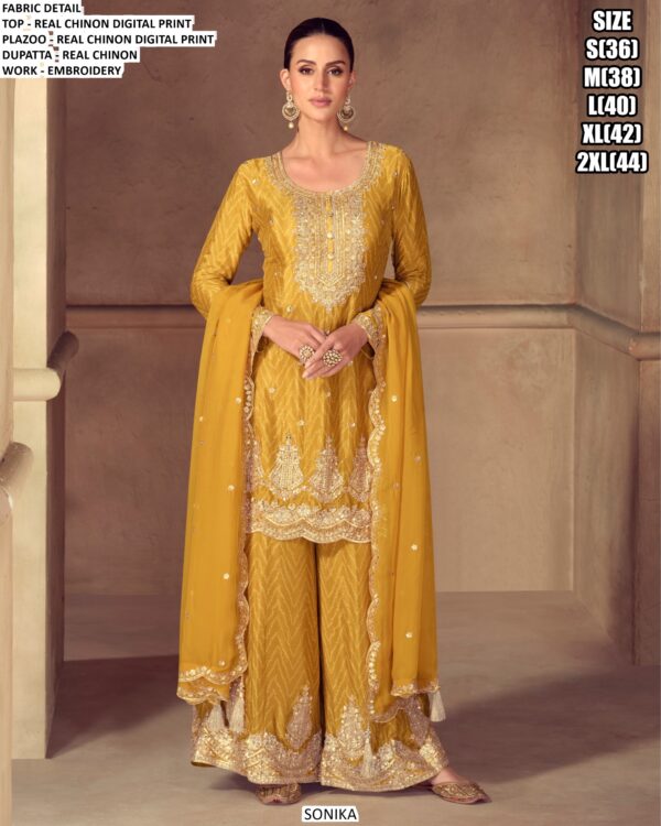 Awesome Embroidery Sequins Work Chinon Festive Wear Palazzo Suit With Dupatta