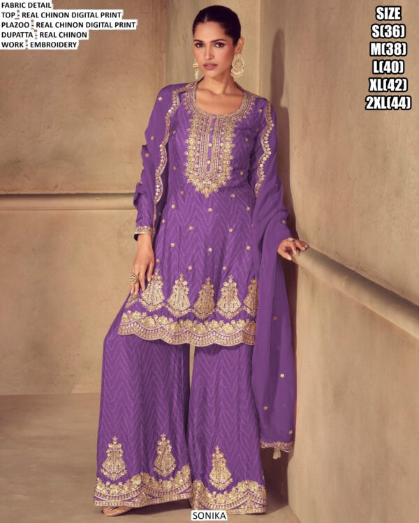 Awesome Embroidery Sequins Work Chinon Festive Wear Palazzo Suit With Dupatta
