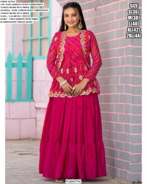 Stylish Shrug With Top Lehenga Set Bandhej Print – Perfect For Navratri And Weddings