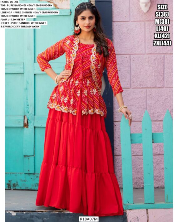 Stylish Shrug With Top Lehenga Set Bandhej Print – Perfect For Navratri And Weddings