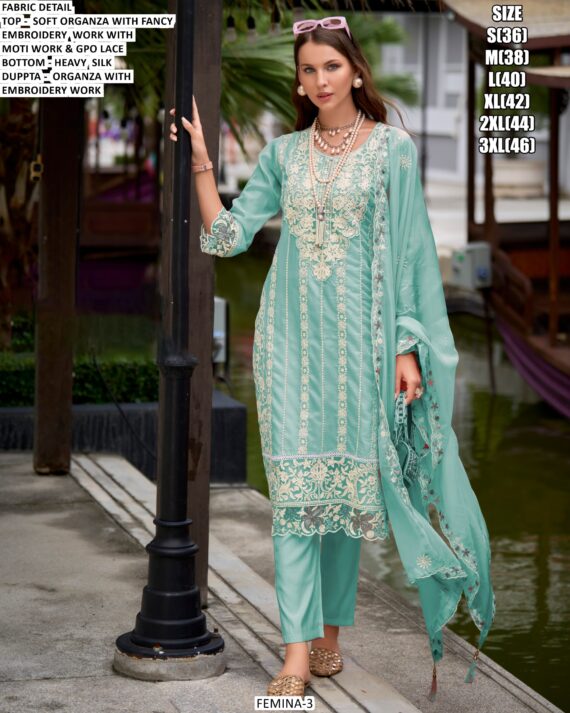 Femina-3 Colour Edition Beautiful Embroidered Festival Wear Organza Salwar Suits