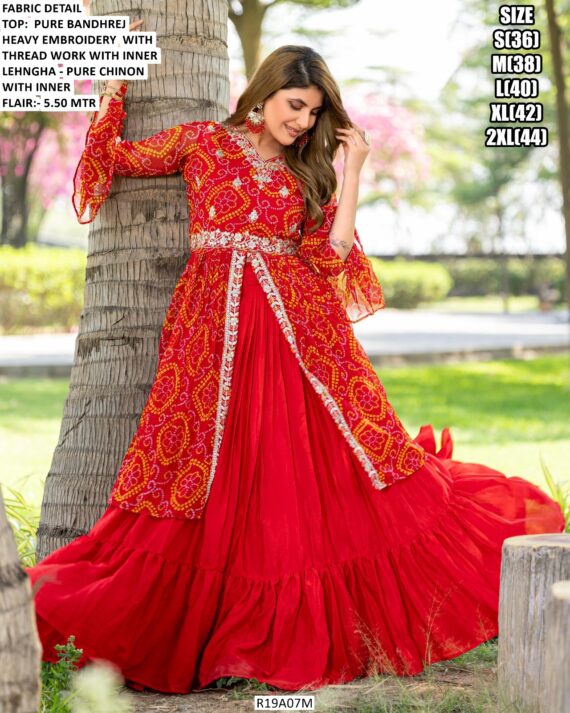 Festive Wear Pure Bandhej Lehenga Choli And Attached Shrug Set For Garba Nights