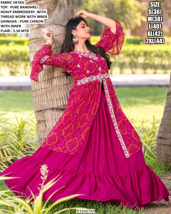 Festive Wear Pure Bandhej Lehenga Choli And Attached Shrug Set For Garba Nights