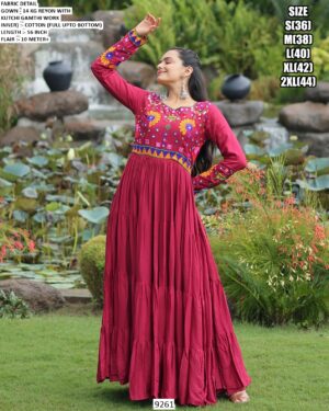 Special Navratri Garba Nights Dress Rayon Kutchi With Gamthi Work Gown In Red Colour