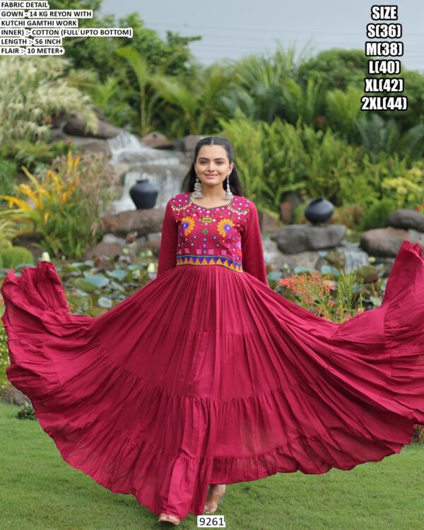 Special Navratri Garba Nights Dress Rayon Kutchi With Gamthi Work Gown In Red Colour