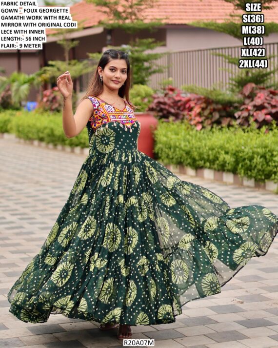 Celebrate The Spirit Of Navratri In This Vibrant Faux Georgette Gamthi Work Gowns