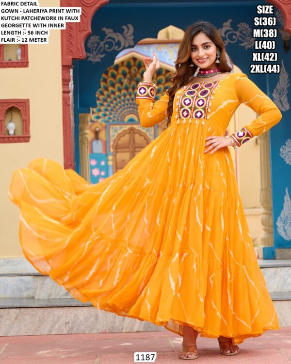 Laheriya Print With Kutchi Patch Work Georgette Navratri Special Ethnic Gowns