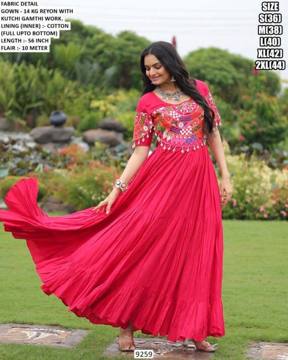 Dark Blue And Pink Stliv Rayon Gamthi Work Stylish Gown For This Navratri Festival