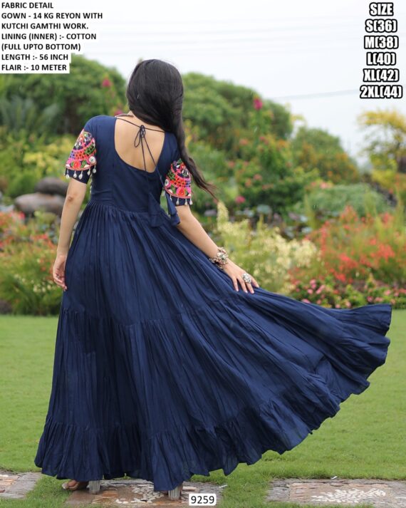 Dark Blue And Pink Stliv Rayon Gamthi Work Stylish Gown For This Navratri Festival