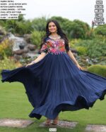 Dark Blue And Pink Stliv Rayon Gamthi Work Stylish Gown For This Navratri Festival
