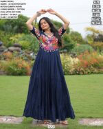 Dark Blue And Pink Stliv Rayon Gamthi Work Stylish Gown For This Navratri Festival
