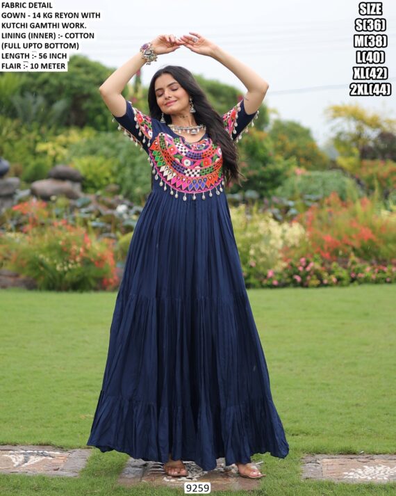 Dark Blue And Pink Stliv Rayon Gamthi Work Stylish Gown For This Navratri Festival