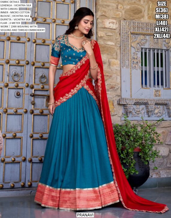 South Indian Wedding Style Vichitra Silk Zari Weaving And Embroidered Lehenga Choli