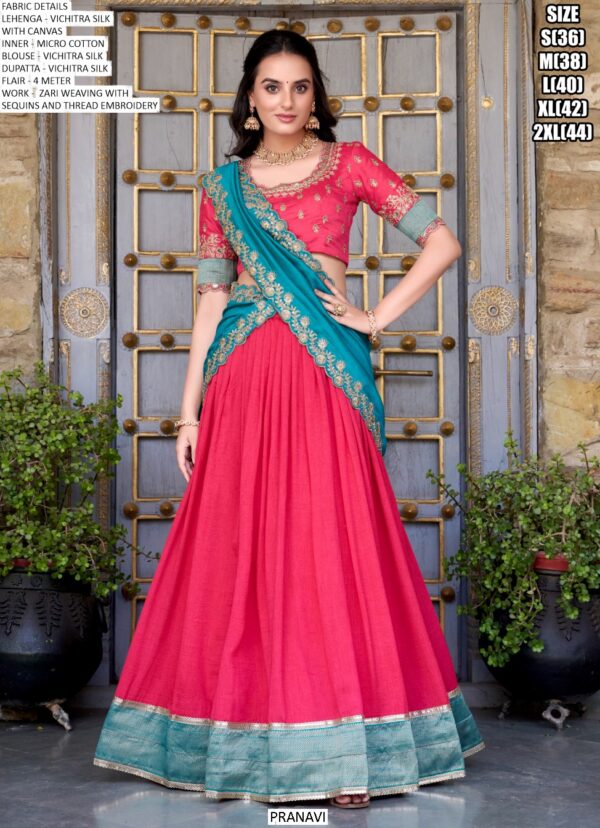 South Indian Wedding Style Vichitra Silk Zari Weaving And Embroidered Lehenga Choli