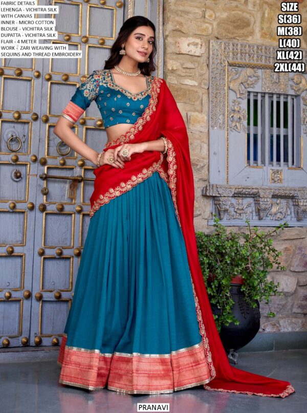 South Indian Wedding Style Vichitra Silk Zari Weaving And Embroidered Lehenga Choli