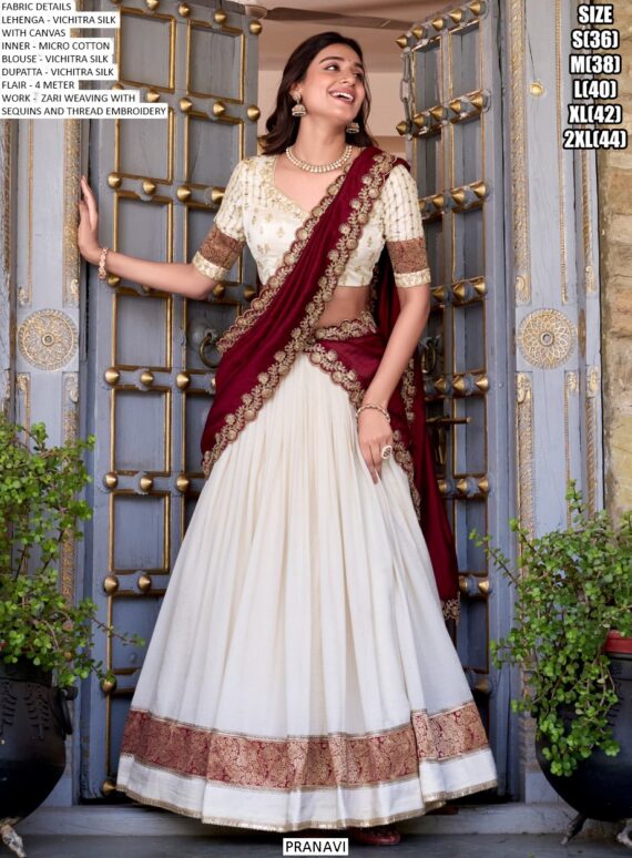 South Indian Wedding Style Vichitra Silk Zari Weaving And Embroidered Lehenga Choli