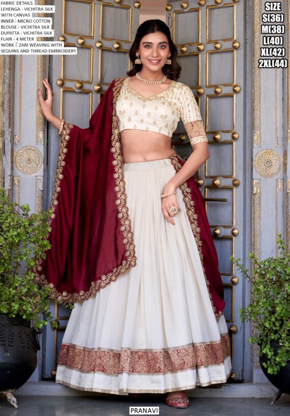 South Indian Wedding Style Vichitra Silk Zari Weaving And Embroidered Lehenga Choli