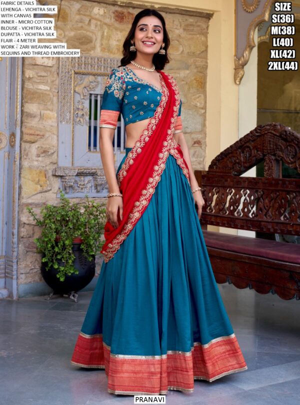 South Indian Wedding Style Vichitra Silk Zari Weaving And Embroidered Lehenga Choli
