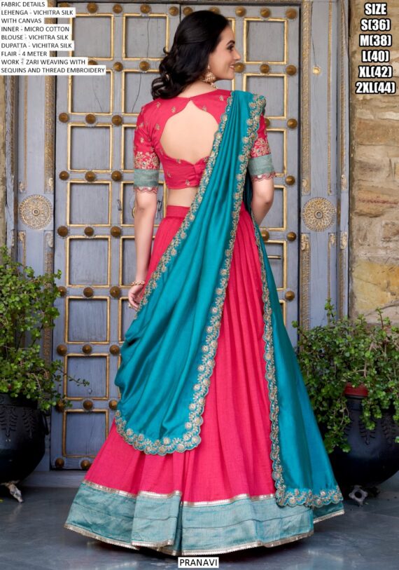 South Indian Wedding Style Vichitra Silk Zari Weaving And Embroidered Lehenga Choli